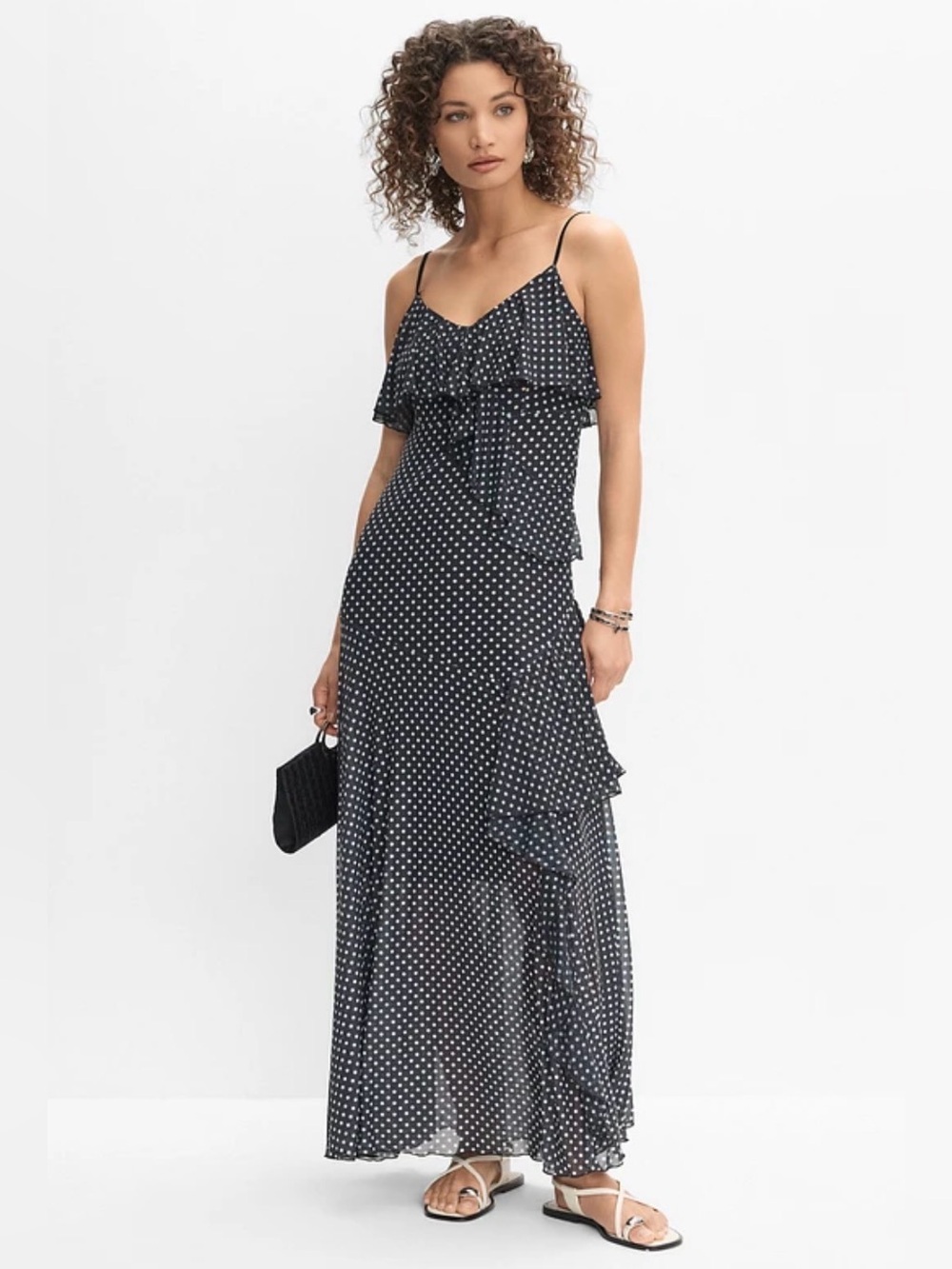Melanie Lyne Polka Dot Mesh Maxi Dress Ruffle Overlay Stretch Size 10